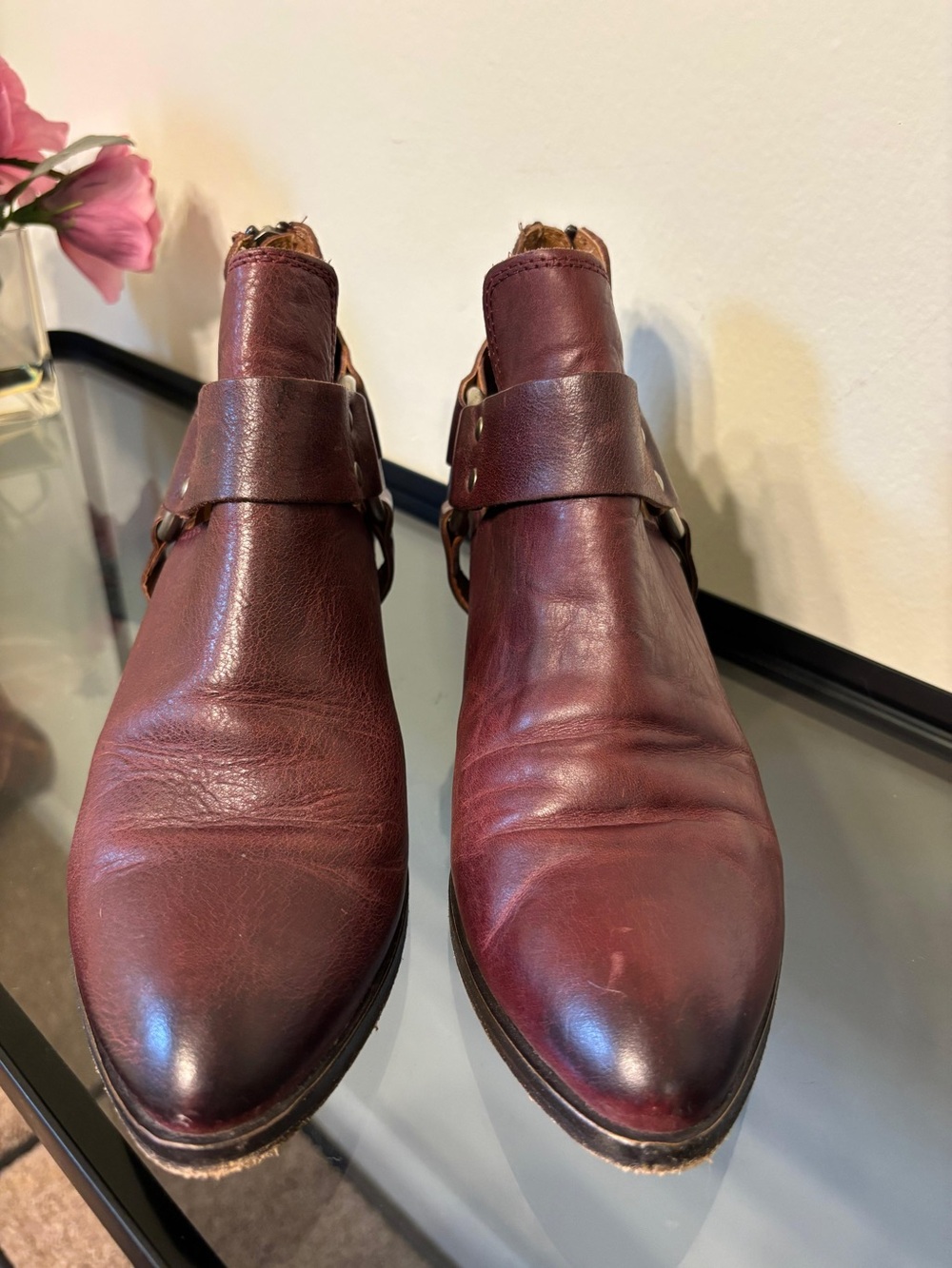 Frye Burgundy Leather Ankle Booties with Ring Harness